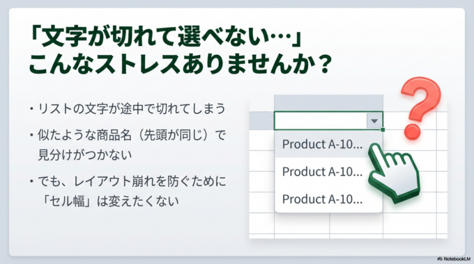 エクセルでプルダウンメニュー（ドロップダウンリスト）を使っていると、こんな経験はありませんか？