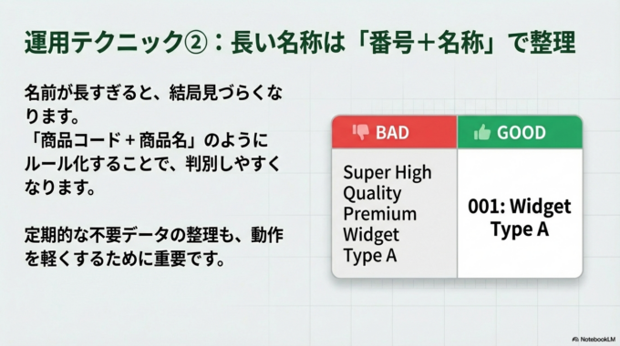 どうしても長くなる場合は、番号＋名称の形にすると見やすくなります。