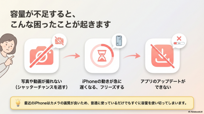 アプリのアップデートができなかったり、動きが急に遅くなったりして困る方も多いです。