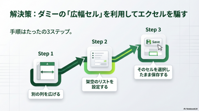 「セル幅は固定しておきたいけど、ドロップダウンリストは広く表示させたい」という場合は、ちょっとした工夫が必要です。