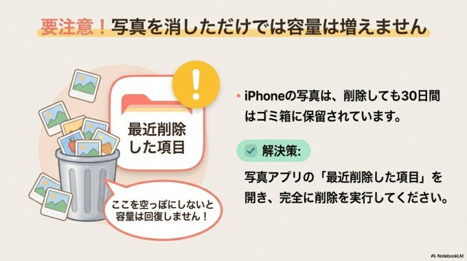 写真アプリの「最近削除した項目」も忘れずに削除してください。
