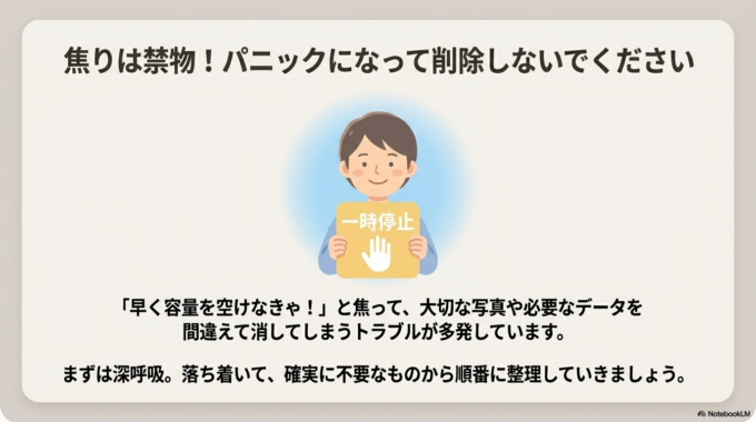 例えば、写真を撮ったあとに似た写真を削除する習慣をつけるだけでも違います。
