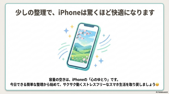 そんな時は、無理に触って大事なデータを消してしまう前に、落ち着いて確認してみてください。少しの整理だけでも、iPhoneは驚くほど快適に使えるようになります😊