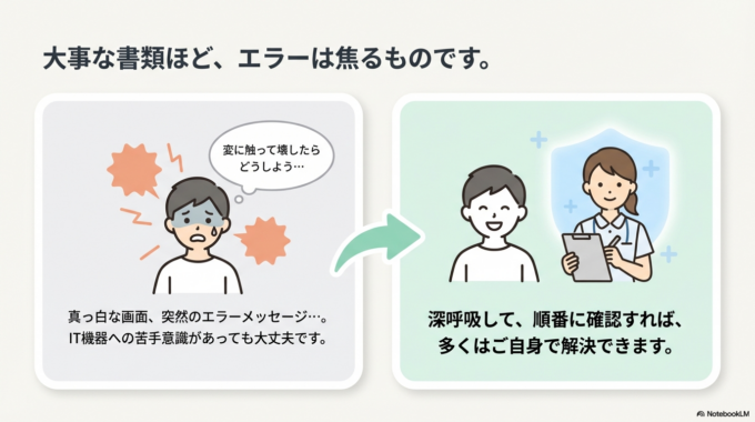 特にITが苦手な方にとっては、「何が原因なのか分からない」「変に触って壊したらどうしよう」と不安になる場面も多いと思います。