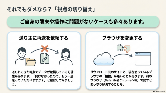 また、ダウンロード元のサイトやブラウザの相性が原因のこともあります。別のブラウザを試してみると解決することがあります。