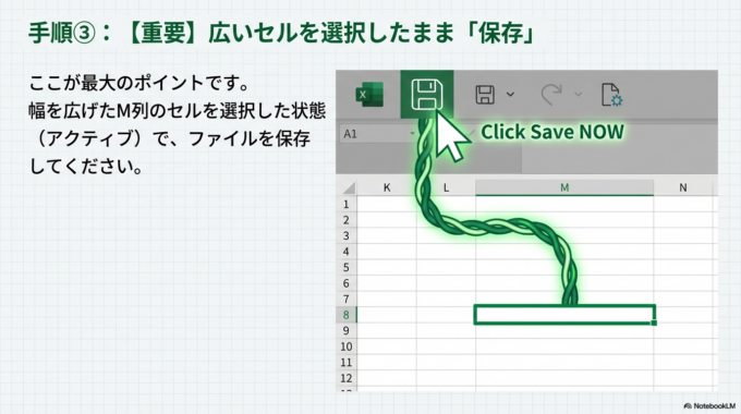 手順③ そのセルを選択したまま保存する