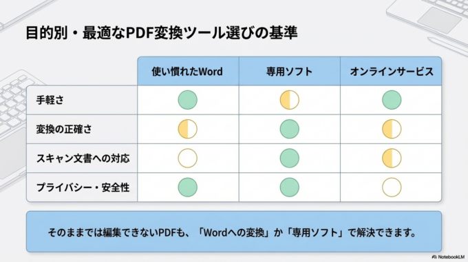 こうした場合は、そのままでは編集できないため「Wordに変換する」か「専用ソフトを使う」必要があります。