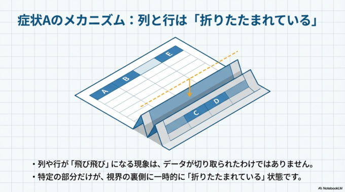 これで、見えなくなっていた列や行が元通りに表示されます。