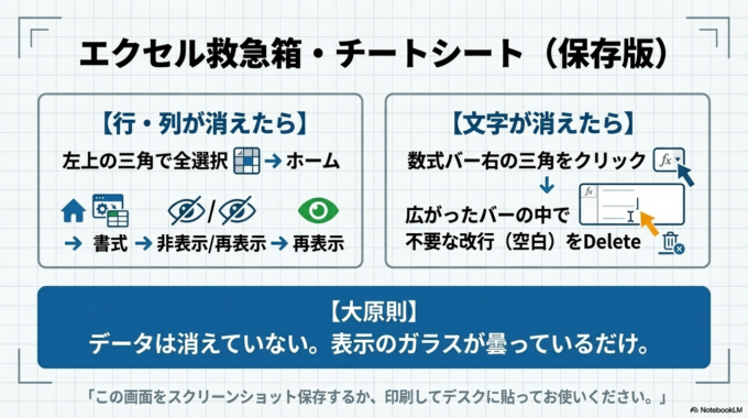 エクセルで行や列が消えたように見える場合、その多くは非表示設定が原因です。