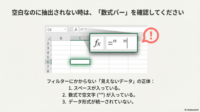 この場合は、該当セルをクリックして数式バーを確認してみてください。
