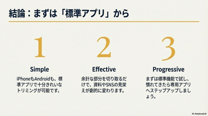 標準アプリで簡単にトリミングできます。