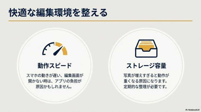 写真が増えすぎると動作が重くなる原因にもなりますので、あわせて確認してみてください。