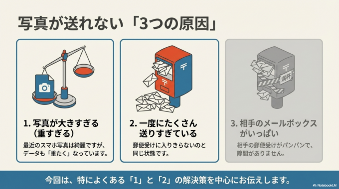 メールで写真が送れない原因は、だいたいこの3つです。