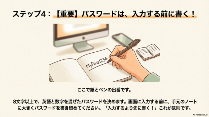 パスワードを決めて、メモする!