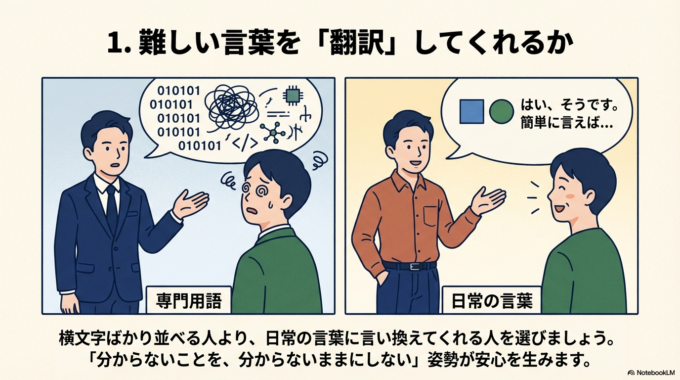 まず一つ目は、専門用語を使わずに説明してくれるかどうかです。