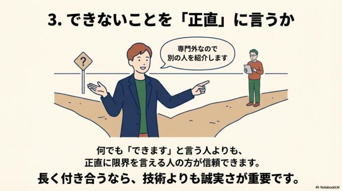 三つ目は、「できないこと」を正直に言ってくれるかどうかです。