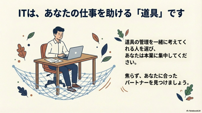 IT相談先選びは、お医者さん選びと似ています。腕が良いことも大切ですが、安心して話せることの方が、実はもっと大切です。