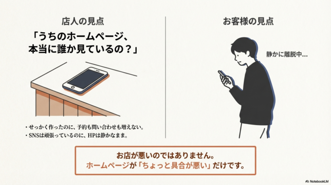 お店が悪いのではなく、ホームページが“ちょっと具合が悪い”だけのことが多いからです。