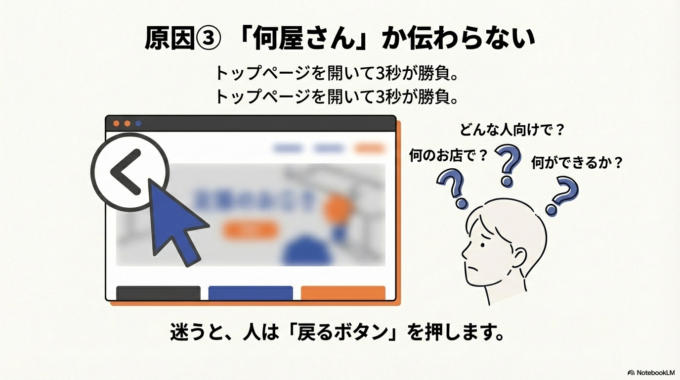 3つ目は、「何屋さんか」が一瞬で伝わらないこと。