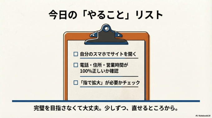 今日できる第一歩は、自分のスマホで見て、電話番号・住所・営業時間がすぐ分かるかを確認すること。