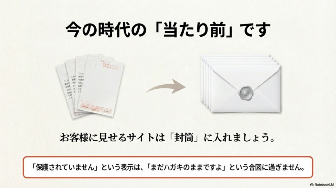 昔はハガキでも問題ありませんでした。でも今は、「お客様に見せるサイトは封筒に入れましょう」というのが当たり前の時代です。