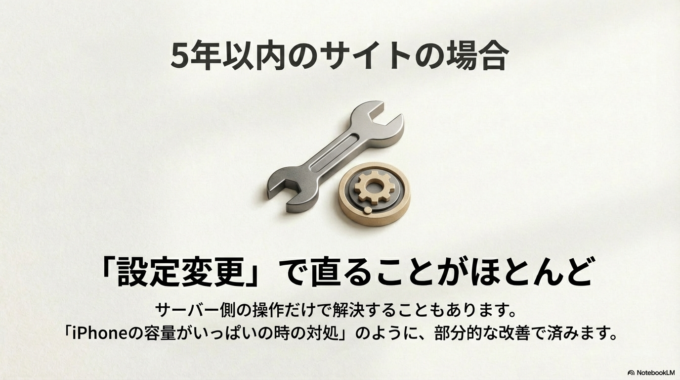 5年以内に作ったサイトなら、設定を変更するだけで直るケースがほとんどです。サーバー側の操作だけで解決することもあります。