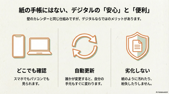 紙のカレンダーを事務所の壁に貼って、みんながそれを見ながら予定を書き込む。