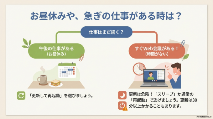 注意：「更新して再起動」を選ぶ場合