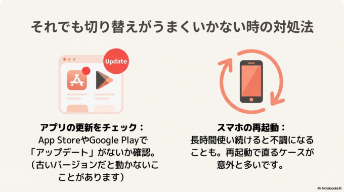 まず確認してほしいのは、アプリの更新です。