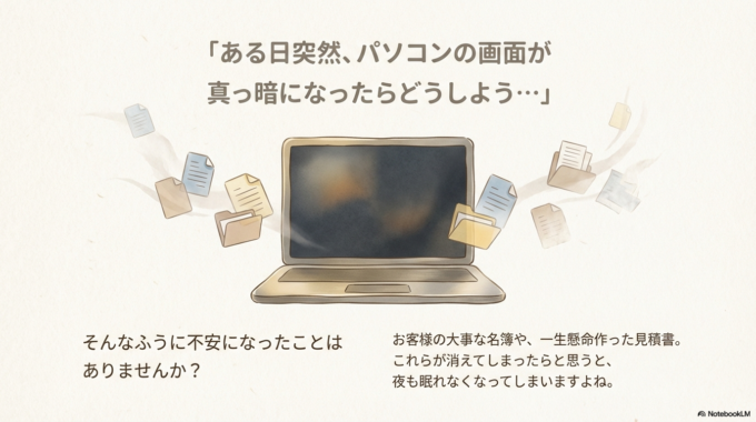 「ある日突然、パソコンの画面が真っ暗になったらどうしよう…」 そんなふうに不安になったことはありませんか？
