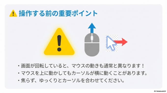 マウスを上に動かしてもカーソルが横に動いたりするので、焦らずゆっくり操作してみてください。