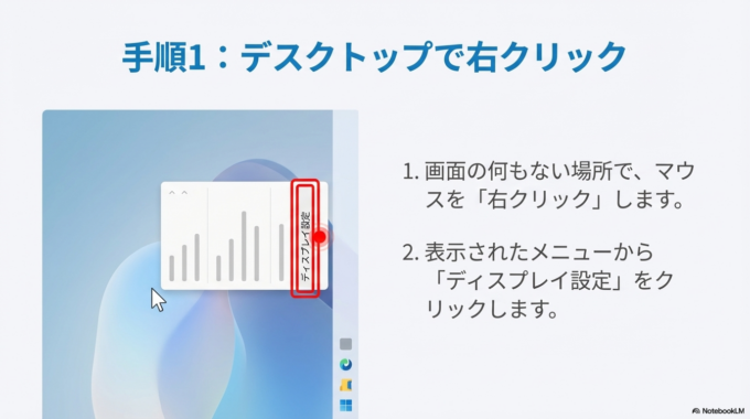 まず、画面の何もない場所でマウスを右クリックしてください。