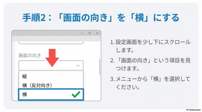 などになっていた場合は、**「横」**を選択してください。