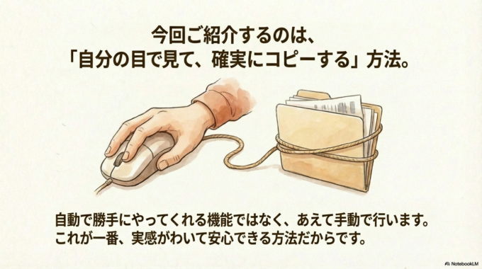 「金庫（外付けHDD）」にコピーを入れておくのが一番の安心