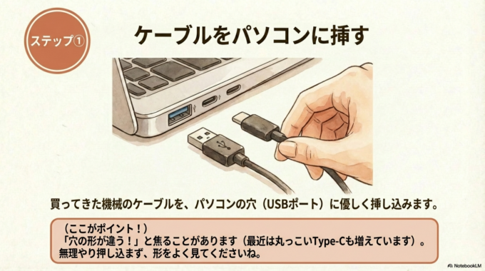 ステップ①：ケーブルをパソコンに挿す