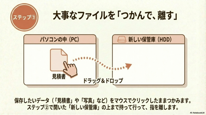 ステップ③：大事なファイルを「つかんで、離す」