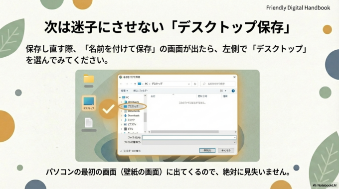 左側で「デスクトップ」を選んでから保存