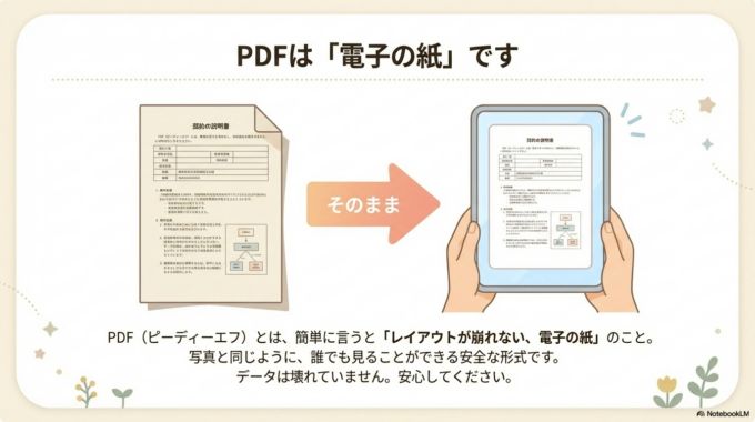 PDF（ピーディーエフ）というのは、簡単に言うと**「レイアウトが崩れない、電子の紙」