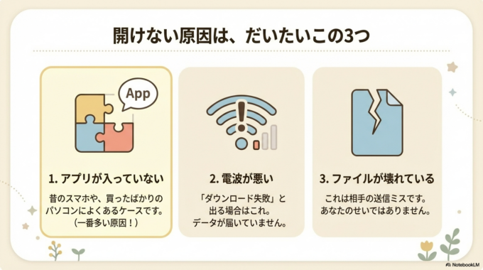 1. PDFが開けない原因は、だいたいこの3つです