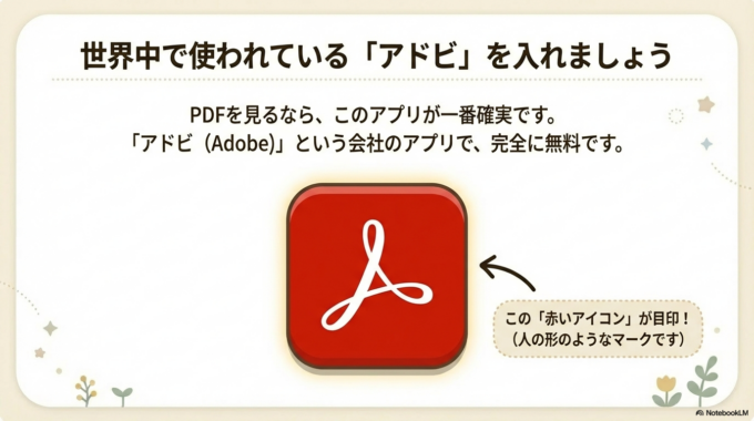 「アドビ（Adobe）」という会社の無料アプリを入れる