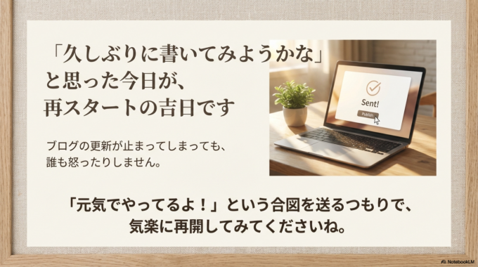  「あ、久しぶりに書いてみようかな」と思ったその日が、再スタートの吉日です。