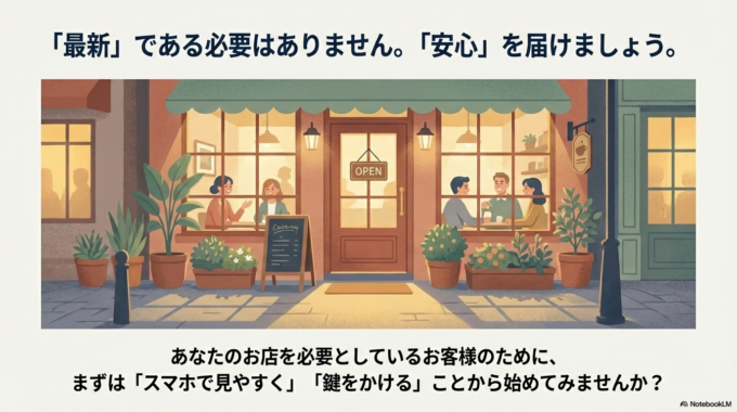 「最新」である必要はありませんが、「ちゃんと営業している安心感」だけは伝えてあげてくださいね。