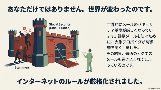 メールのセキュリティが世界的に厳しくなっていることが大きな理由なんです。