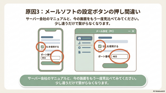 原因3：メールソフトの設定ボタンの押し間違い