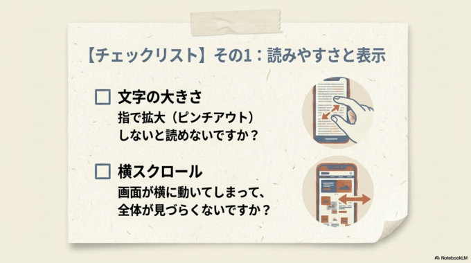 [ ] 文字の大きさ：指で拡大（ピンチアウト）しないと読めないですか？