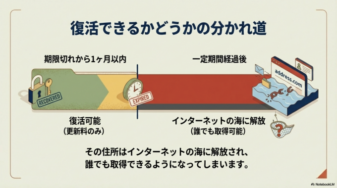 ドメイン（住所）の更新期限が切れた後、**「復活できる期間」と「完全に消える期間」**があります。
