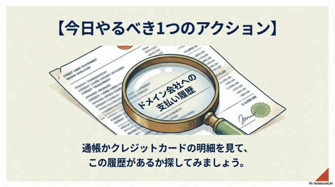 【今日やるべき1つのアクション】 通帳かクレジットカードの明細を見て、**「ドメイン会社への支払い履歴」**があるか探してみましょう。