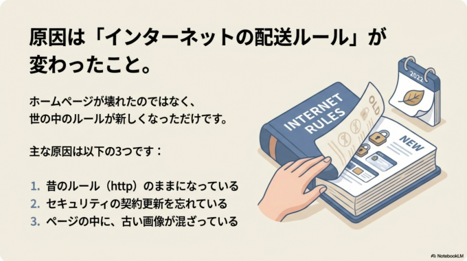 これは、ホームページが壊れたわけではなく、「配送のルール」が変わっただけなんです。