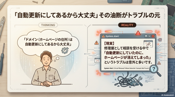 「ドメイン（ホームページの住所）は自動更新にしてあるから大丈夫」