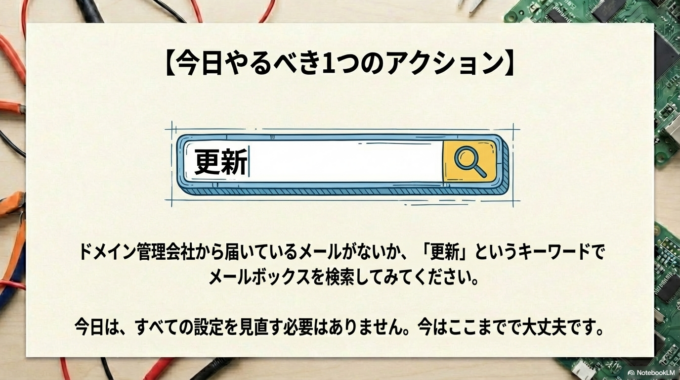 【今日やるべき1つのアクション】 ドメイン管理会社から届いているメールがないか、「更新」というキーワードでメールボックスを検索してみてください。
